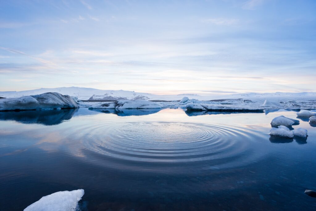 A view of the a Arctic See-an area of water surrounded by ice, low snow-covered hills in the distance.