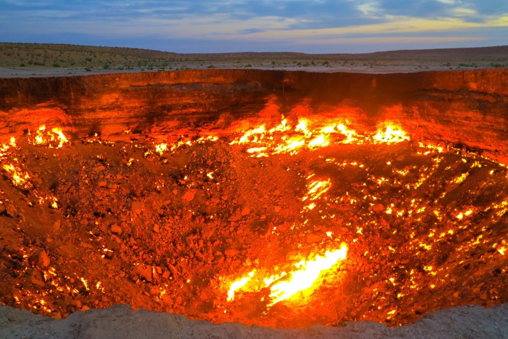 Darvaza gas crater--a large pit of flaming methane.