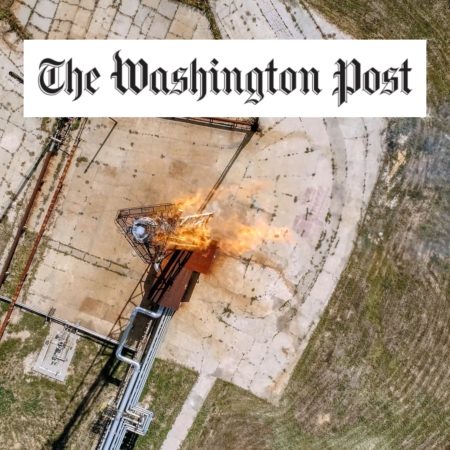 Direct overhead aerial view of gas flare at a petrochemical plant with Washington Post logo