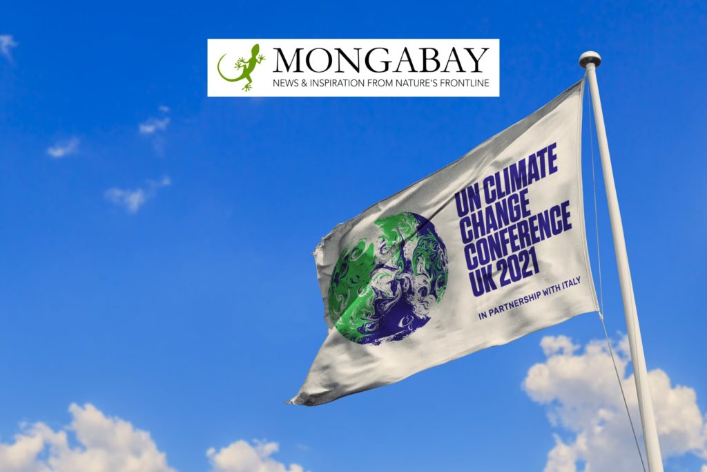 A UN Cop26 Flag, UN Climate Change Conference 2021 with Mongabay log superimposed.