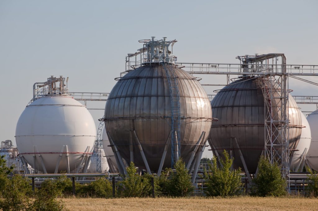 Natural gas (methane) storage tanks.