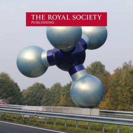 A sculpture of a Methane Molecule next to a freeway in Northern Germany with The Royal Society Publishing logo superimposed.